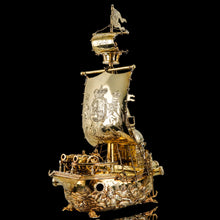 Load image into Gallery viewer, Antique Solid Silver Gilt Nef Ship Centrepiece with Mythological Figures &amp; English Royal Coat of Arms - c.1890
