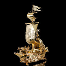 Load image into Gallery viewer, Antique Solid Silver Gilt Nef Ship Centrepiece with Mythological Figures &amp; English Royal Coat of Arms - c.1890

