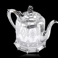 Load image into Gallery viewer, Rare Antique Solid Silver Victorian Tea Set, 3 Piece Gothic Design - Elkington 1853
