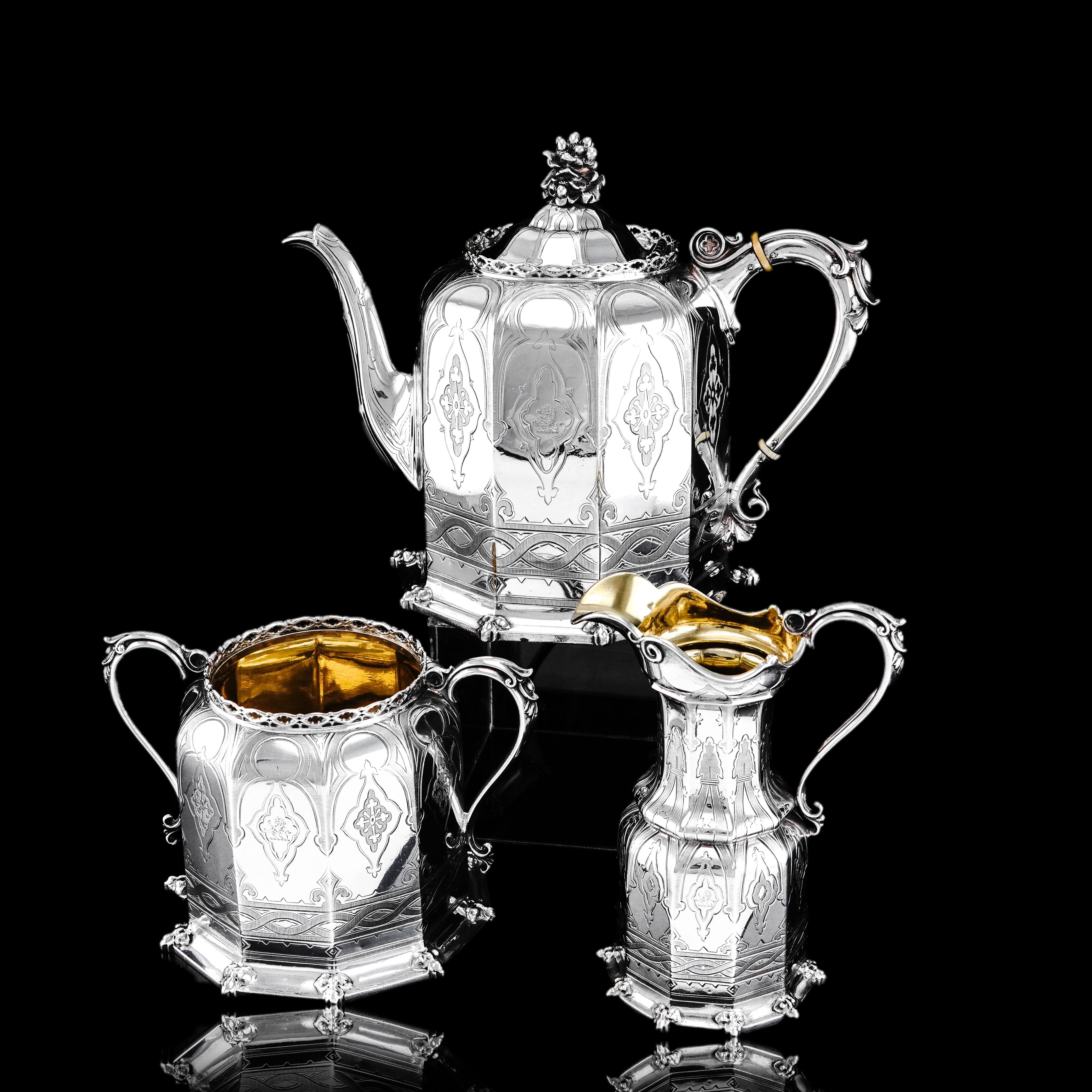 Antique Silver Tea Set 3 Piece Gothic Design - Elkington 1853