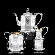 Load image into Gallery viewer, Rare Antique Solid Silver Victorian Tea Set, 3 Piece Gothic Design - Elkington 1853
