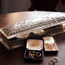Load image into Gallery viewer, Giant Antique Edwardian Solid Silver Jewellery Box with Profuse Chased Decorations - Mappin &amp; Webb Ltd 1901
