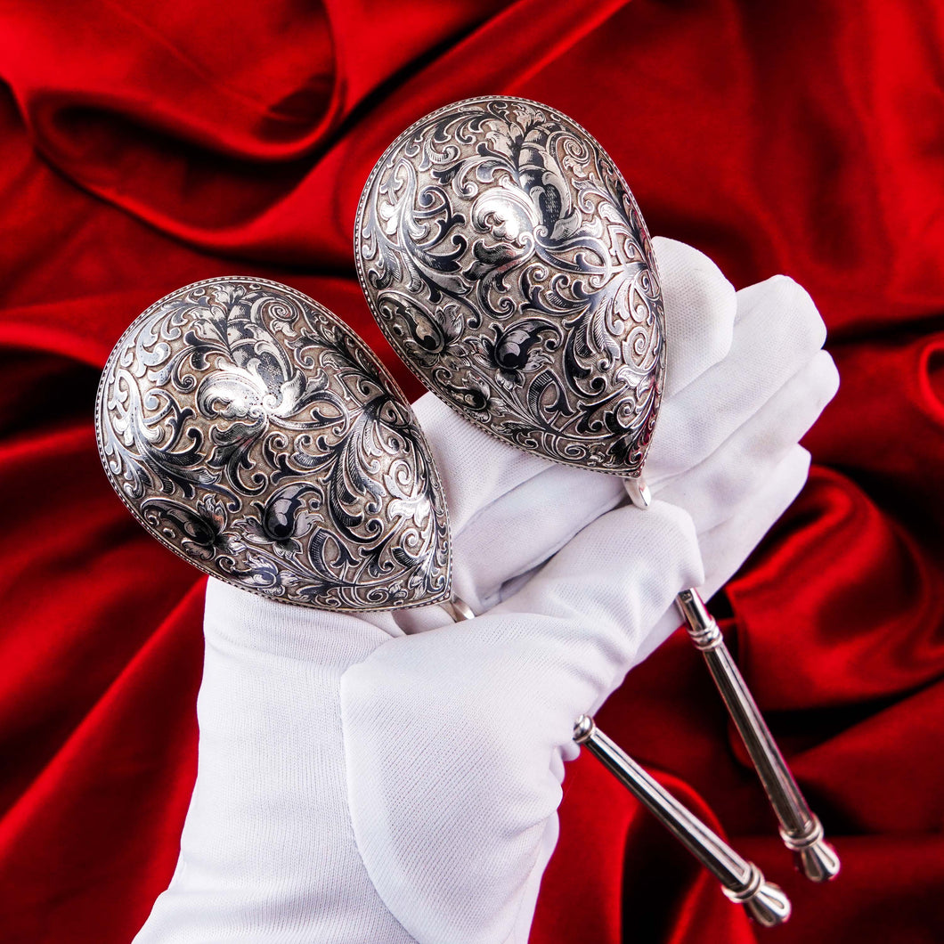Magnificent Large Antique Pair of Imperial Russian Solid Silver Niello Spoons - Volkov Karp Nikit c.1910