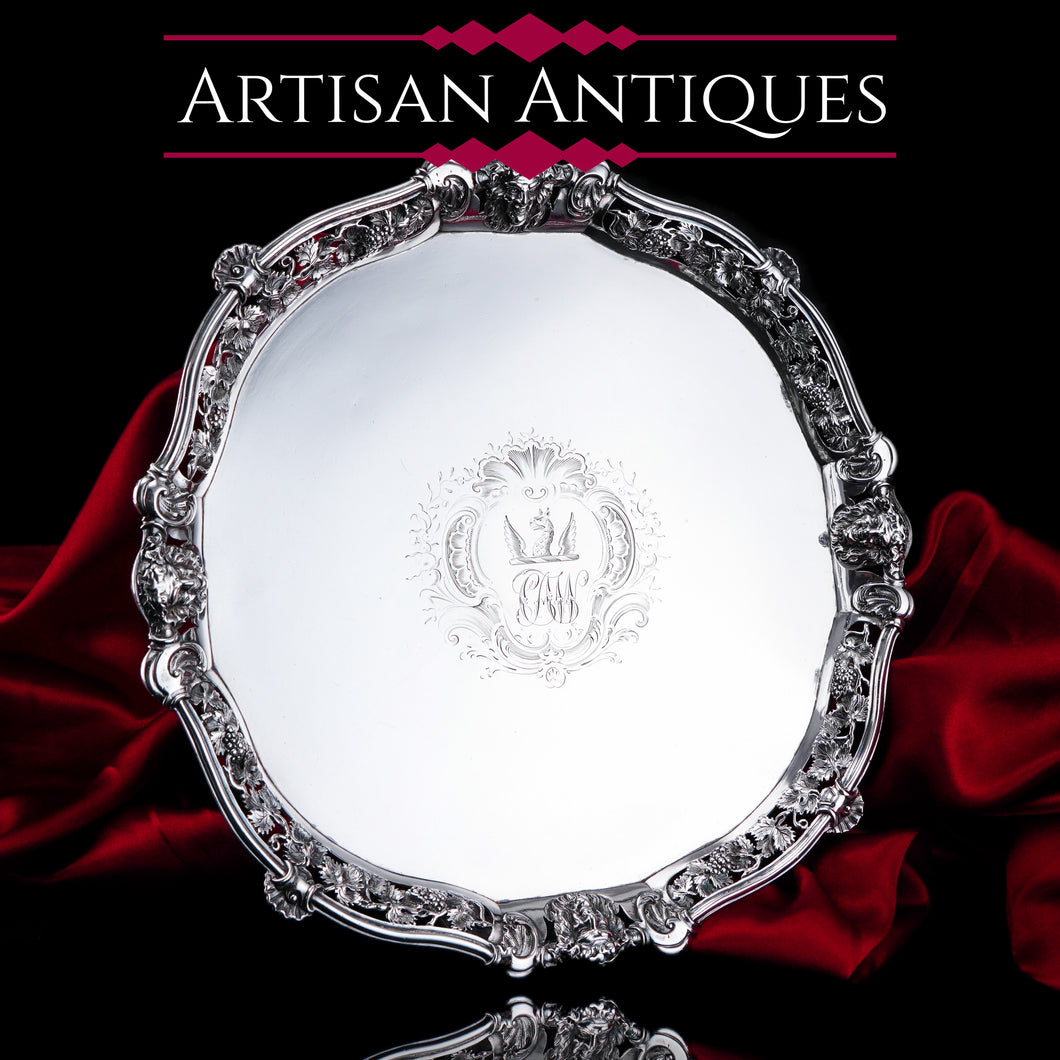 A Magnificent Antique Georgian Solid Silver Salver with Rococo Vine and Figural Mask Decorations - London 1742