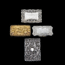 Load image into Gallery viewer, Antique Silver Snuff Box Victorian with Fine Engravings Cartouche Design - Edward Smith 1850
