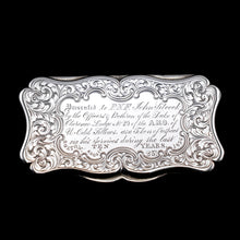 Load image into Gallery viewer, Antique Silver Snuff Box Victorian with Fine Engravings Cartouche Design - Edward Smith 1850
