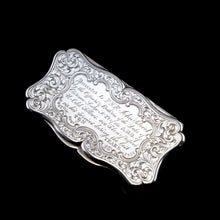 Load image into Gallery viewer, Antique Silver Snuff Box Victorian with Fine Engravings Cartouche Design - Edward Smith 1850
