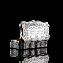 Load image into Gallery viewer, Antique Silver Snuff Box Victorian with Fine Engravings Cartouche Design - Edward Smith 1850
