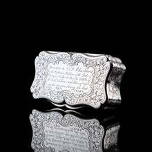 Load image into Gallery viewer, Antique Silver Snuff Box Victorian with Fine Engravings Cartouche Design - Edward Smith 1850
