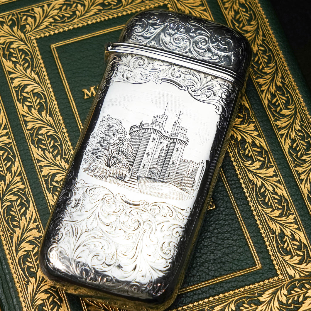 Antique Solid Silver Victorian 'Castle Top' Cigar/Cheroot Case, Kenilworth Castle - Nathaniel Mills 1844