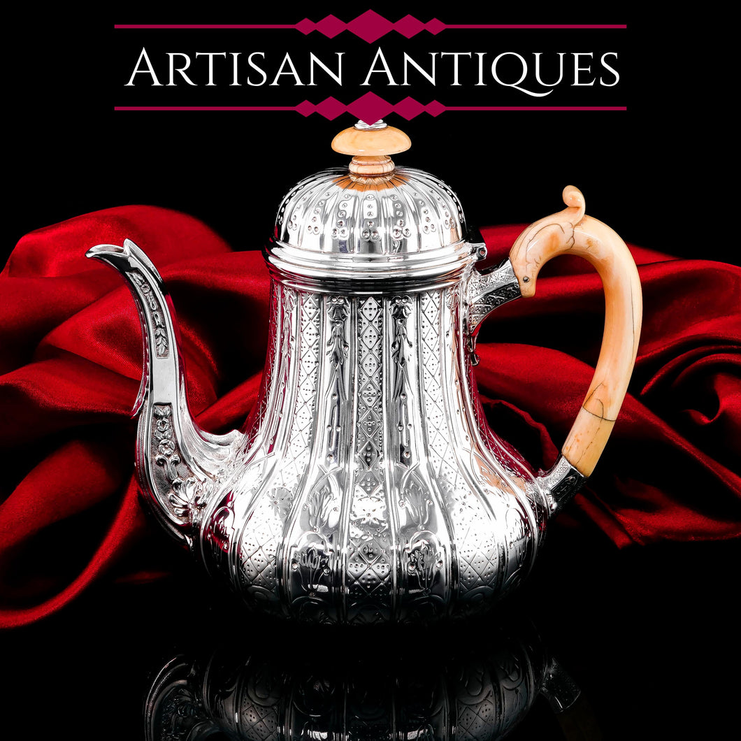 Antique Solid Silver Coffee Pot with Abercorn Pattern -  Robert Garrard 1866