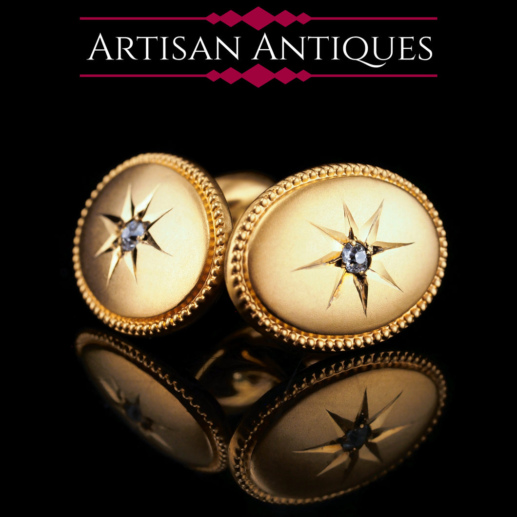 Antique Victorian Diamond & 14ct Gold Star Cufflinks - c.1880