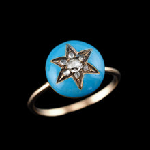 Load image into Gallery viewer, Antique Victorian Diamond Star Ring 9ct Gold Blue Enamel Cabochon - c.1890

