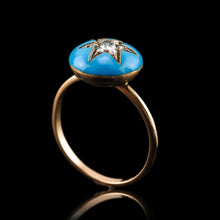 Load image into Gallery viewer, Antique Victorian Diamond Star Ring 9ct Gold Blue Enamel Cabochon - c.1890
