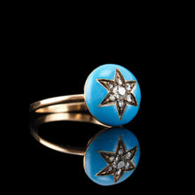 Load image into Gallery viewer, Antique Victorian Diamond Star Ring 9ct Gold Blue Enamel Cabochon - c.1890
