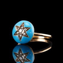 Load image into Gallery viewer, Antique Victorian Diamond Star Ring 9ct Gold Blue Enamel Cabochon - c.1890

