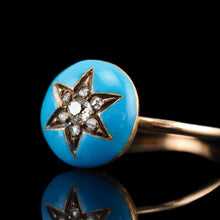Load image into Gallery viewer, Antique Victorian Diamond Star Ring 9ct Gold Blue Enamel Cabochon - c.1890
