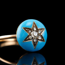 Load image into Gallery viewer, Antique Victorian Diamond Star Ring 9ct Gold Blue Enamel Cabochon - c.1890
