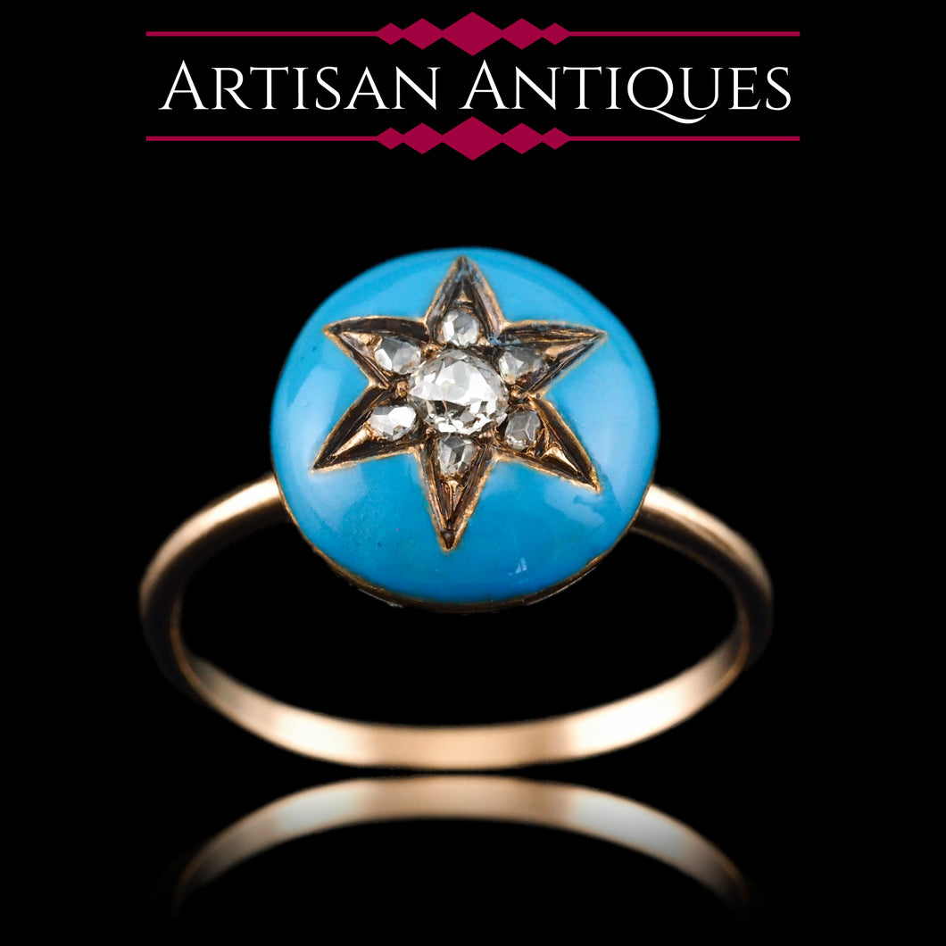 Antique Victorian Diamond Star Ring 9ct Gold Blue Enamel Cabochon - c.1890