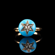 Load image into Gallery viewer, Antique Victorian Diamond Star Ring 9ct Gold Blue Enamel Cabochon - c.1890
