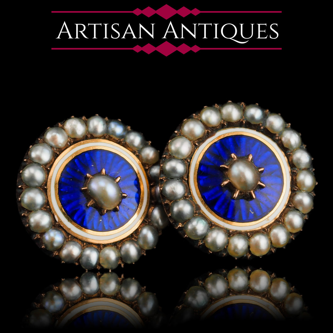 Antique Georgian Gold Earrings with Blue Enamel Guilloche and Seed Pearl Cluster 'Target' Design - c.1800
