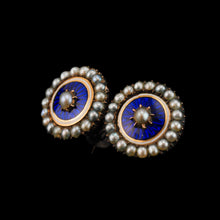 Load image into Gallery viewer, Antique Georgian Gold Earrings with Blue Enamel Guilloche and Seed Pearl Cluster &#39;Target&#39; Design - c.1800
