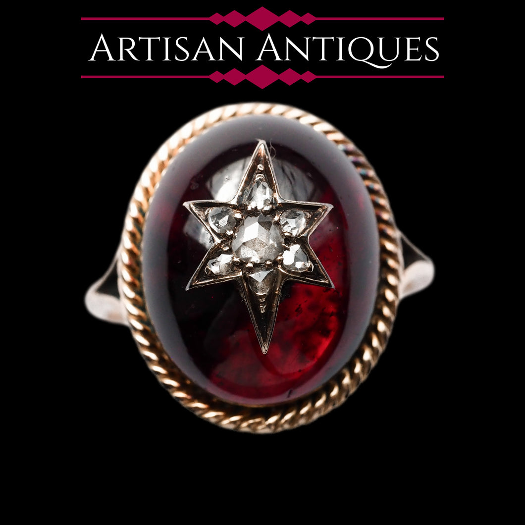 Antique Victorian Garnet & Diamond Cabochon & Star Rose Cut Gold Ring - c.1880