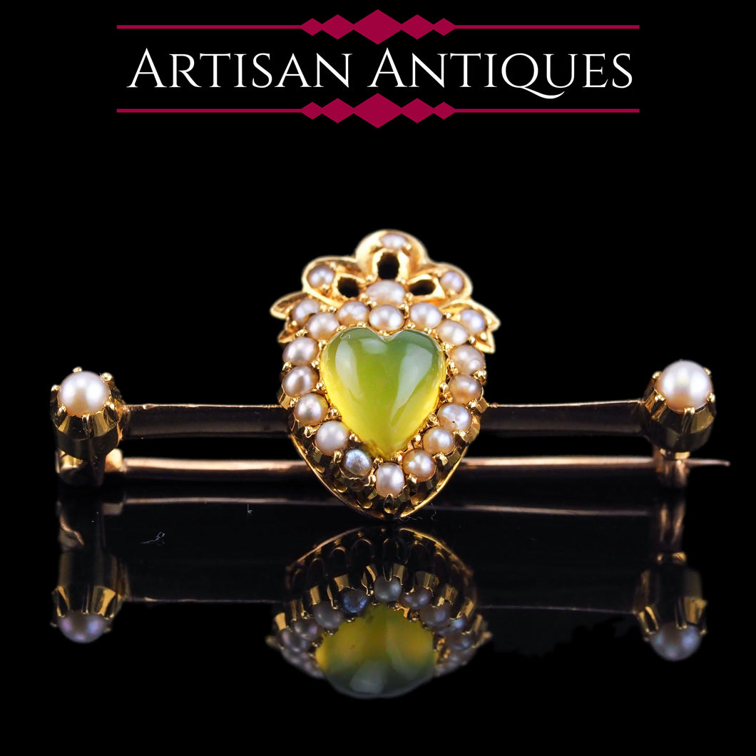 Antique Victorian Chalcedony Brooch with Seed Pearls 15ct Gold Heart Shaped Cabochon - c.1890