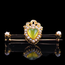 Load image into Gallery viewer, Antique Victorian Chalcedony Brooch with Seed Pearls 15ct Gold Heart Shaped Cabochon - c.1890
