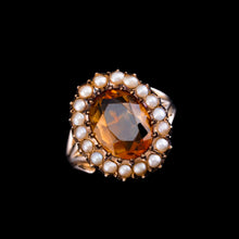 Load image into Gallery viewer, Antique Victorian Citrine &amp; Seed Pearl Cluster Ring 9ct Gold - c.1890
