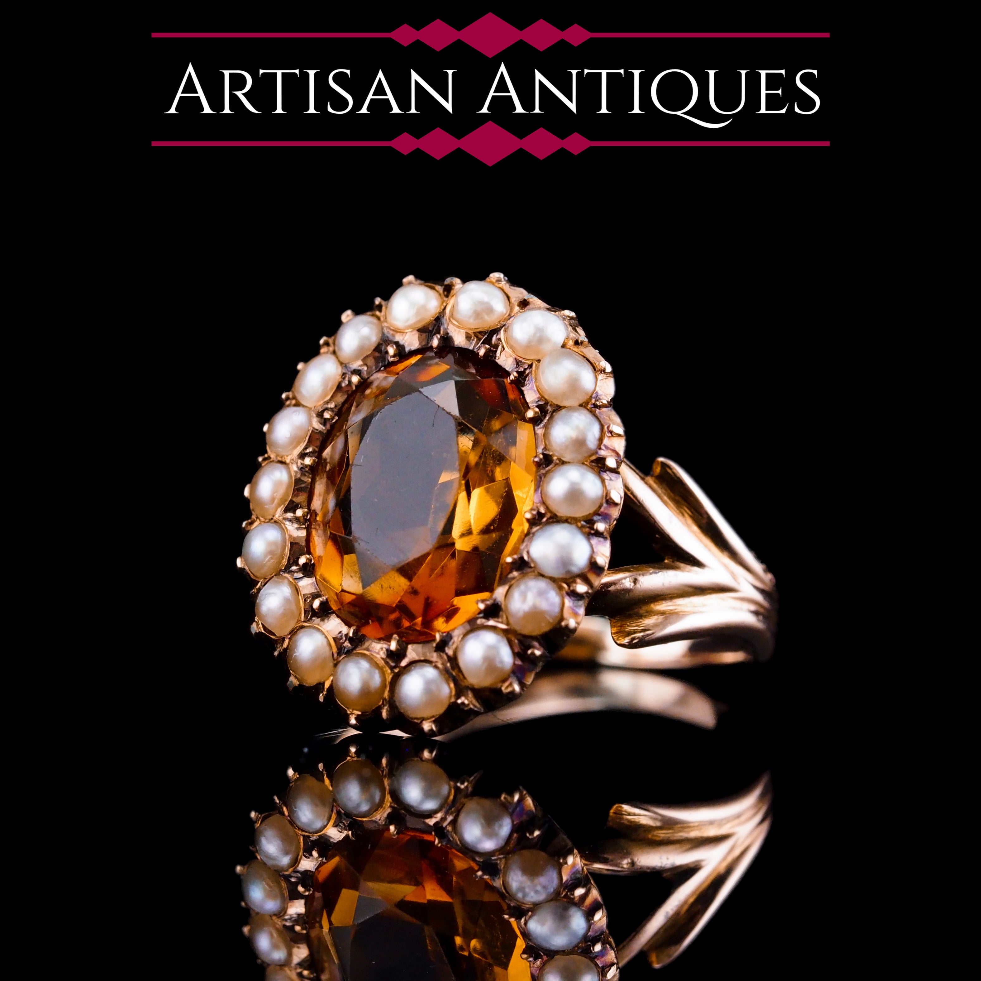 Antique Victorian Citrine Seed Pearl Cluster Ring 9ct Gold c