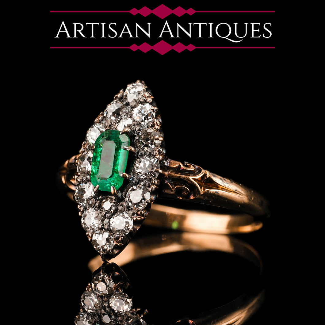 Magnificent Antique Victorian 18K Gold Emerald & Diamond Navette Cluster Ring - c.1880