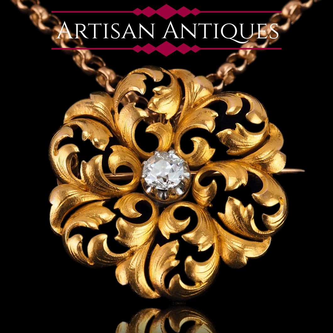 Antique Victorian French Diamond Pendant Necklace/Brooch 18ct Gold Floral Acanthus Design - 19th C.