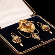 Load image into Gallery viewer, Antique Victorian 18K Gold Brooch/Pendant &amp; Earrings Garnet &amp; Chrysoberyl - Etruscan Revival c.1870
