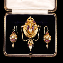 Load image into Gallery viewer, Antique Victorian 18K Gold Brooch/Pendant &amp; Earrings Garnet &amp; Chrysoberyl - Etruscan Revival c.1870
