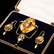 Load image into Gallery viewer, Antique Victorian 18K Gold Brooch/Pendant &amp; Earrings Garnet &amp; Chrysoberyl - Etruscan Revival c.1870

