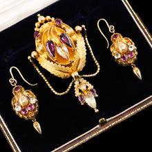 Load image into Gallery viewer, Antique Victorian 18K Gold Brooch/Pendant &amp; Earrings Garnet &amp; Chrysoberyl - Etruscan Revival c.1870
