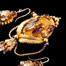 Load image into Gallery viewer, Antique Victorian 18K Gold Brooch/Pendant &amp; Earrings Garnet &amp; Chrysoberyl - Etruscan Revival c.1870
