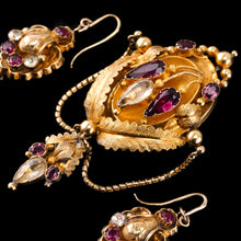 Load image into Gallery viewer, Antique Victorian 18K Gold Brooch/Pendant &amp; Earrings Garnet &amp; Chrysoberyl - Etruscan Revival c.1870
