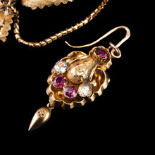 Load image into Gallery viewer, Antique Victorian 18K Gold Brooch/Pendant &amp; Earrings Garnet &amp; Chrysoberyl - Etruscan Revival c.1870
