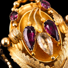 Load image into Gallery viewer, Antique Victorian 18K Gold Brooch/Pendant &amp; Earrings Garnet &amp; Chrysoberyl - Etruscan Revival c.1870
