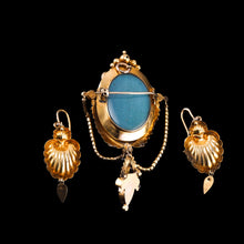 Load image into Gallery viewer, Antique Victorian 18K Gold Brooch/Pendant &amp; Earrings Garnet &amp; Chrysoberyl - Etruscan Revival c.1870
