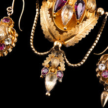 Load image into Gallery viewer, Antique Victorian 18K Gold Brooch/Pendant &amp; Earrings Garnet &amp; Chrysoberyl - Etruscan Revival c.1870
