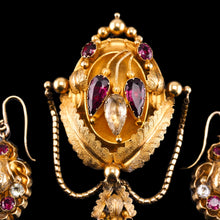 Load image into Gallery viewer, Antique Victorian 18K Gold Brooch/Pendant &amp; Earrings Garnet &amp; Chrysoberyl - Etruscan Revival c.1870
