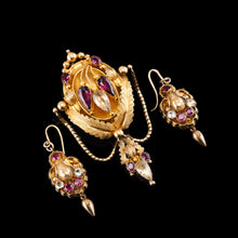 Load image into Gallery viewer, Antique Victorian 18K Gold Brooch/Pendant &amp; Earrings Garnet &amp; Chrysoberyl - Etruscan Revival c.1870
