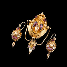 Load image into Gallery viewer, Antique Victorian 18K Gold Brooch/Pendant &amp; Earrings Garnet &amp; Chrysoberyl - Etruscan Revival c.1870
