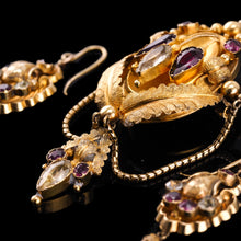 Load image into Gallery viewer, Antique Victorian 18K Gold Brooch/Pendant &amp; Earrings Garnet &amp; Chrysoberyl - Etruscan Revival c.1870
