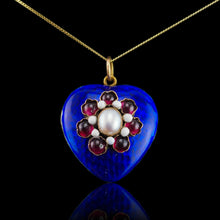 Load image into Gallery viewer, Antique Victorian Blue Enamel Garnet &amp; Pearl &#39;Puffy&#39; Heart Shaped Pendant Necklace - c.1900
