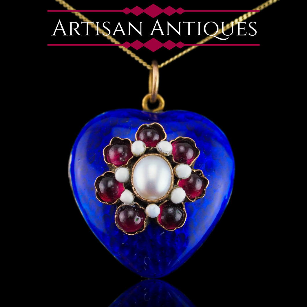Antique Victorian Blue Enamel Garnet & Pearl 'Puffy' Heart Shaped Pendant Necklace - c.1900