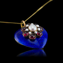 Load image into Gallery viewer, Antique Victorian Blue Enamel Garnet &amp; Pearl &#39;Puffy&#39; Heart Shaped Pendant Necklace - c.1900
